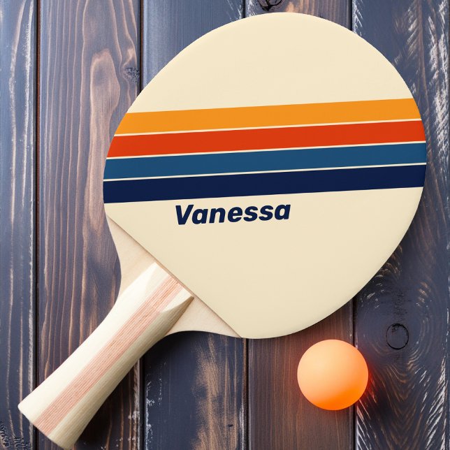 Raquete De Ping Pong Deserto Retrô Listras de Arco-Íris com Nome (Criador carregado)