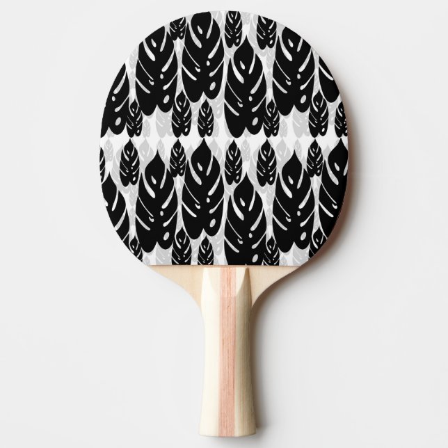 Raquete De Ping Pong Design de folhas brancas e pretas (Frente)