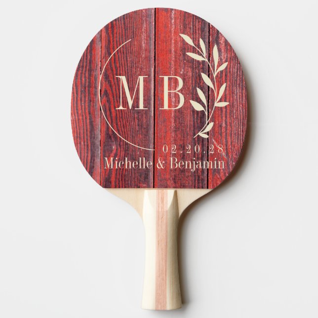 Raquete De Ping Pong Distressed Barn Boards Leaf Wedding Monogram (Verso)