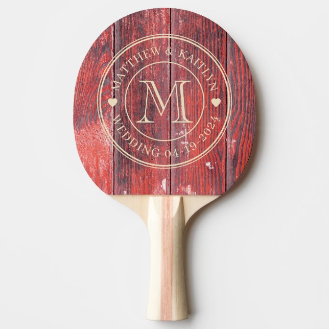 Raquete De Ping Pong Distressed Barn Boards Wedding Monogram Heart (Frente)