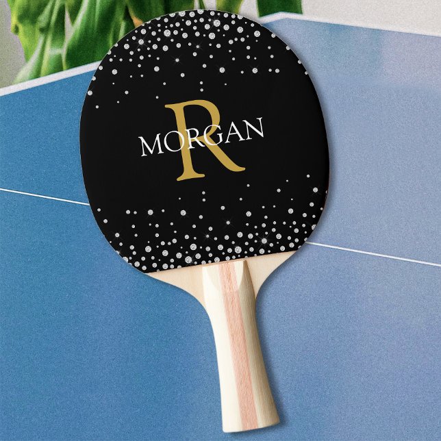 Raquete De Ping Pong DIY Monograma & Nome Dourado & Branco, Ouros, Pret (Criador carregado)