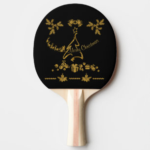 Raquete De Ping Pong Dourada Glitter Feliz Natal, Papai Noel