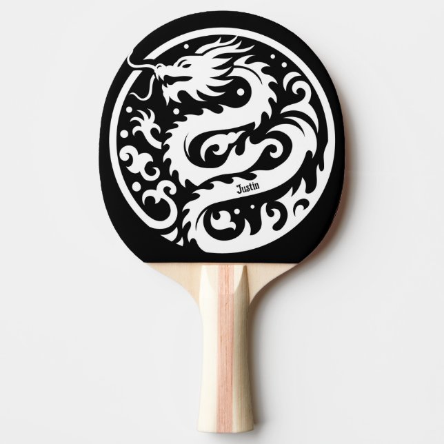 Raquete De Ping Pong Dragão Branco e Preto Personalizado (Frente)