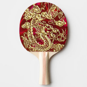 Raquete De Ping Pong Dragão Dourado embutido no Red Satin Impressão