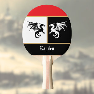 Raquete De Ping Pong Dragões em Preto Branco com Acabamento em Dourado