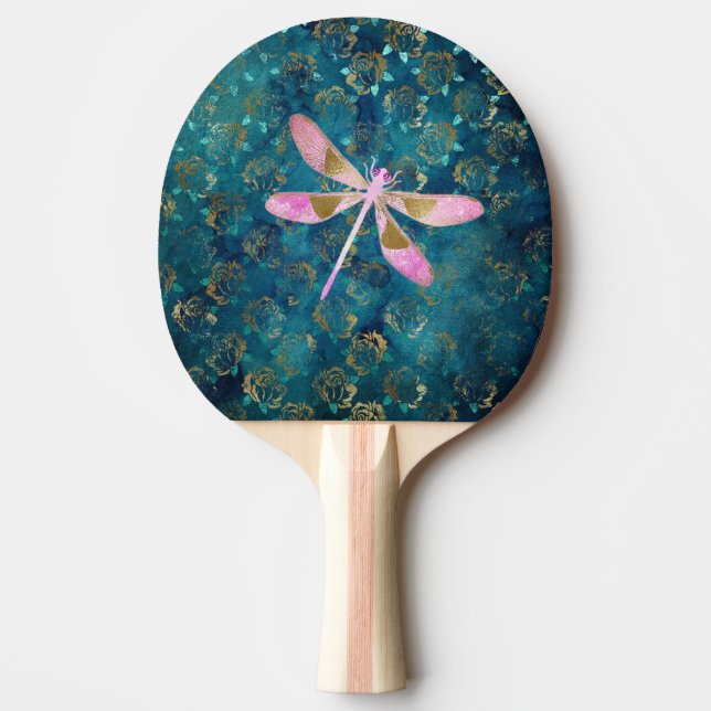 Raquete De Ping Pong Dragonfly rosa Dourada sobre o fundo floral da Tur (Frente)