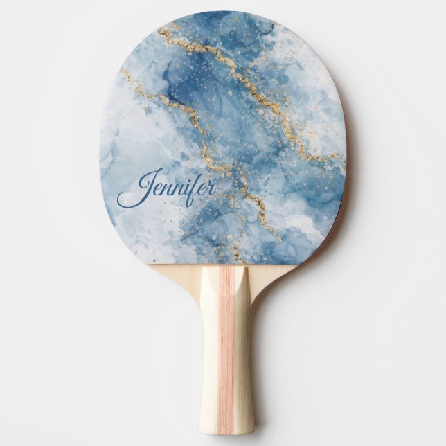 Raquete De Ping Pong Elegant Blue Gold Glitter Abstract Flow            (Frente)