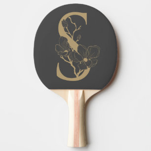 Raquete De Ping Pong Elegant S Boho Floral Monograma Cinza Inicial Dour