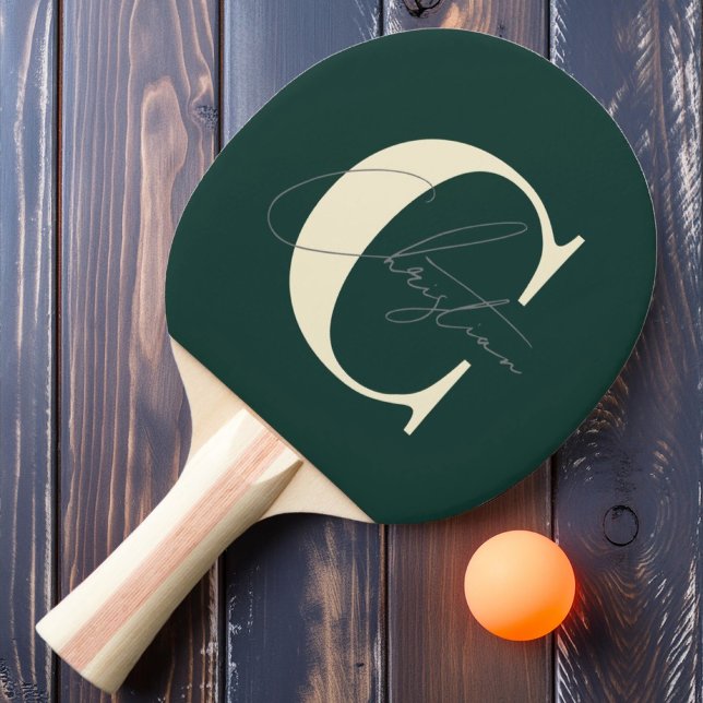 Raquete De Ping Pong Elegante Monograma Moderno do Século Médio Verde (Criador carregado)