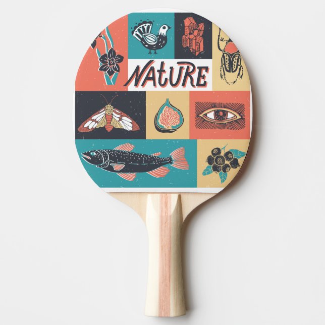 Raquete De Ping Pong Elementos Natureza, Ícones de Estilo Retroativo. (Frente)