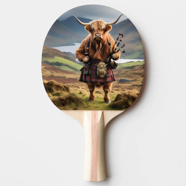Raquete De Ping Pong Engraçado Scottish Highland Cow Bagpiper, (Frente)