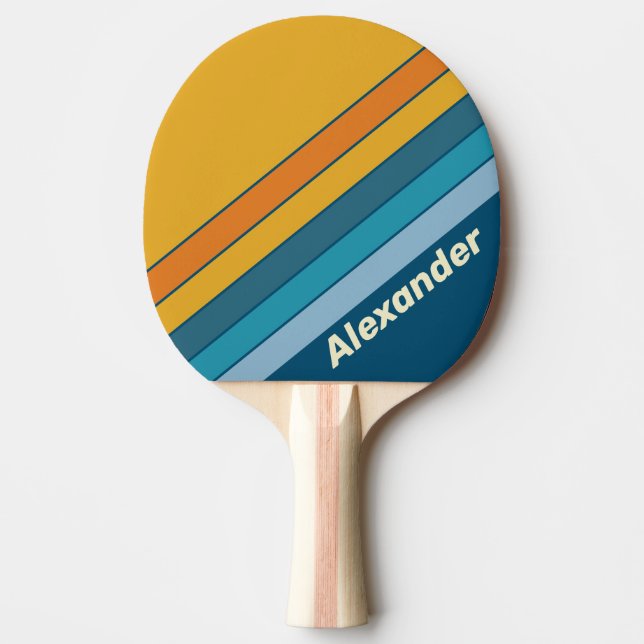 Raquete De Ping Pong Esporte Azul Listras de Sol com Nome (Frente)