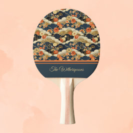 Raquete De Ping Pong Estilo Japonês Retro Estampa Floral e Nuvens em Az