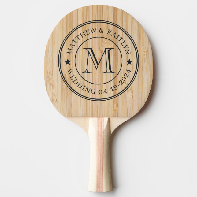 Raquete De Ping Pong Estrela de Monograma de Casamento de Bambu Branco (Frente)
