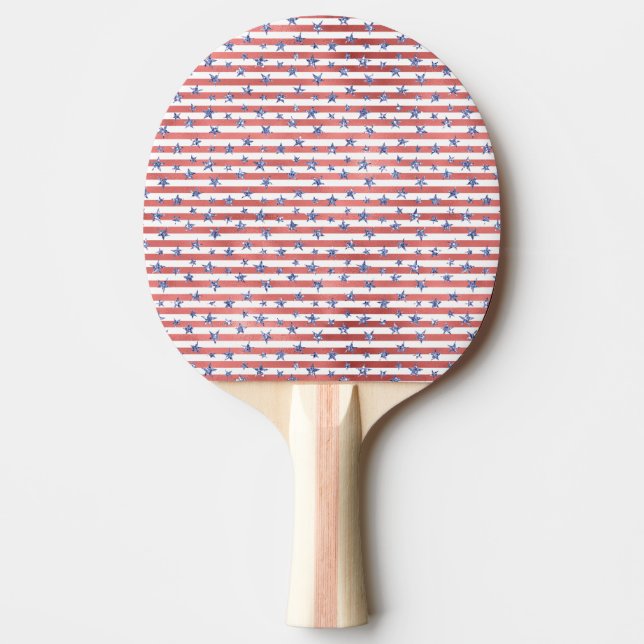 Raquete De Ping Pong Estrelas Azuis de Brilho Branco Vermelho (Frente)