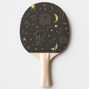 Raquete De Ping Pong Estrelas Celestiais de Ouro, Lua e Constelações