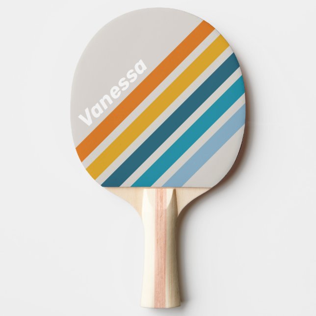 Raquete De Ping Pong Faixa Angular de Arco-íris Retro com Nome (Frente)