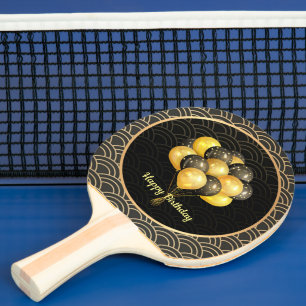 Raquete De Ping Pong Feliz aniversário, elegante preto e ouro,