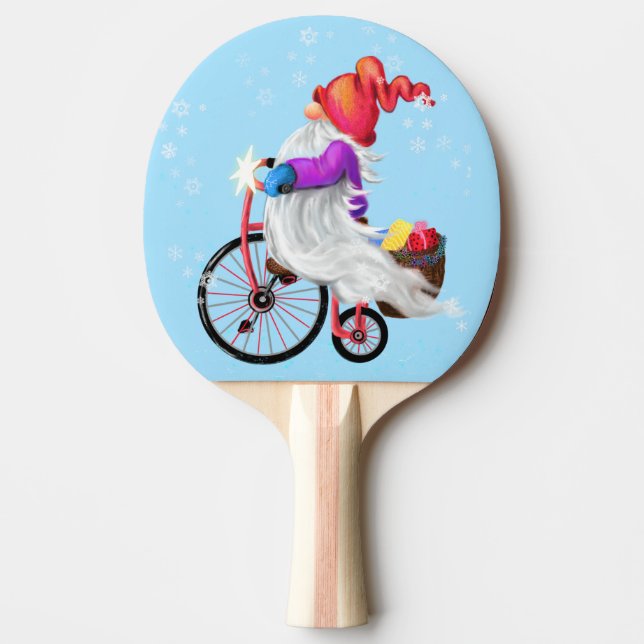 Raquete De Ping Pong Feliz Natal - Gnomo Engraçado com Bicicleta e Pres (Frente)