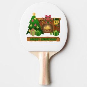 Raquete De Ping Pong Feliz Natal perto da árvore de Natal de lareira bo