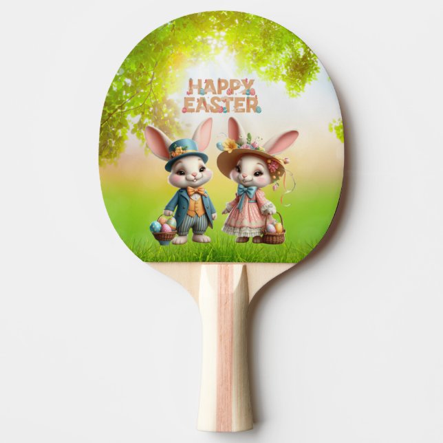 Raquete De Ping Pong Felz pascoa branco, com 2 coelhos (Frente)