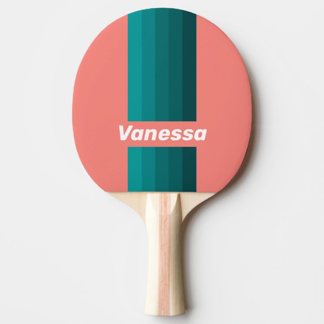 Raquete De Ping Pong Flamingo Aqua Pin Stripes with Name (Frente)