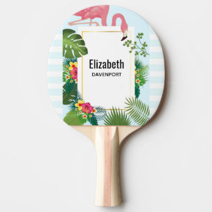 Raquete De Ping Pong Flamingo Rosa na moda e Folhas Tropicais