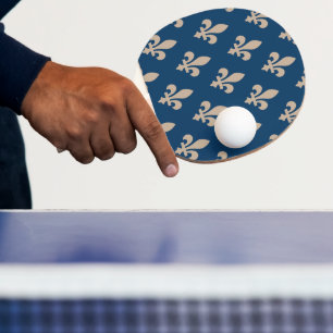 Raquete De Ping Pong Fleur de Lis Pattern, Royal French, Cream on Blue