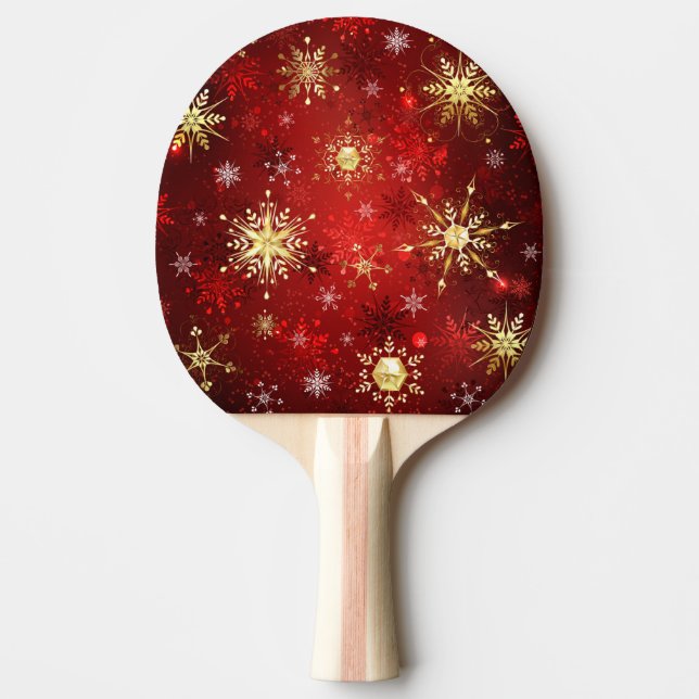 Raquete De Ping Pong Flocos de neve do Ouro de Natal em Fundo Vermelho (Frente)