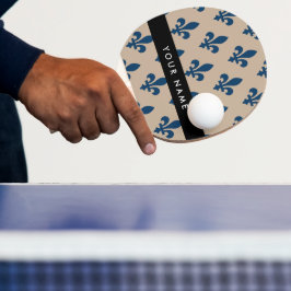 Raquete De Ping Pong Flor de Lis, Azul Marinho em Bege, Real, Seu Nome