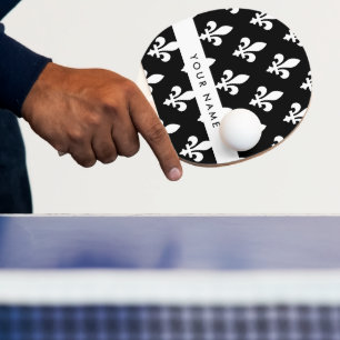 Raquete De Ping Pong Flor de Lis, Branco sobre Preto, Branco, Seu Nome