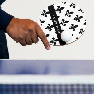 Raquete De Ping Pong Flor de Lis, Preto sobre Branco, Preto, Seu Nome