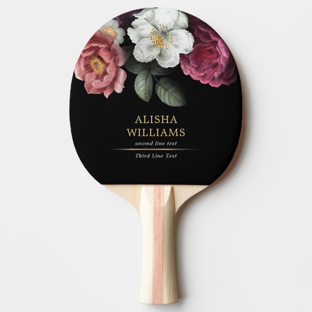 Raquete De Ping Pong Floral Personalizado Preto de Luxo (Frente)