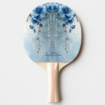 Raquete de Ping Pong Flores Azuis e Pérolas