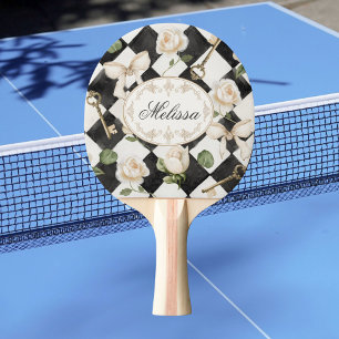 Raquete De Ping Pong Flores de Rosa Vintage Monograma Diamante Preto Br