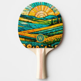 Raquete De Ping Pong Flores Douradas Vidro Pintado Falso Campo Verde