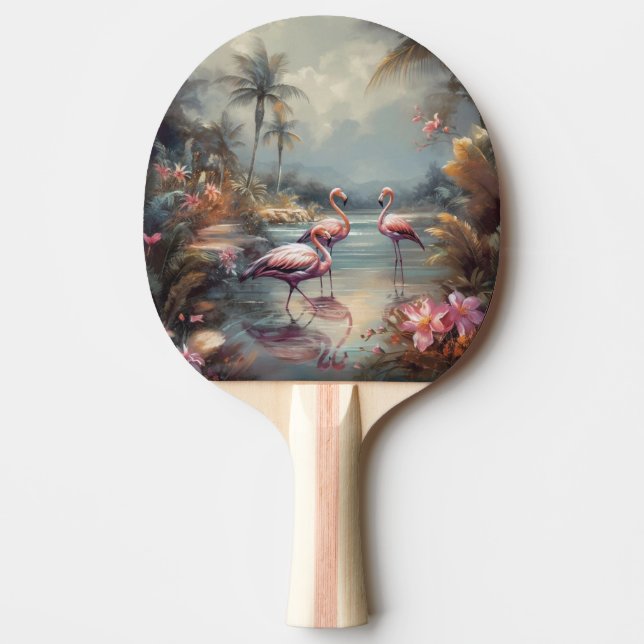 Raquete De Ping Pong Flores e flamingos de pintura botânica em folha (Frente)