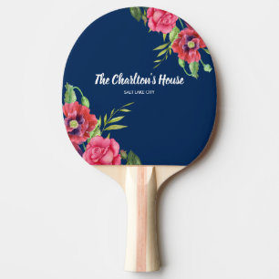 Raquete De Ping Pong Flores Vermelhas e Cor-de-Água Marinho Escuro Azul