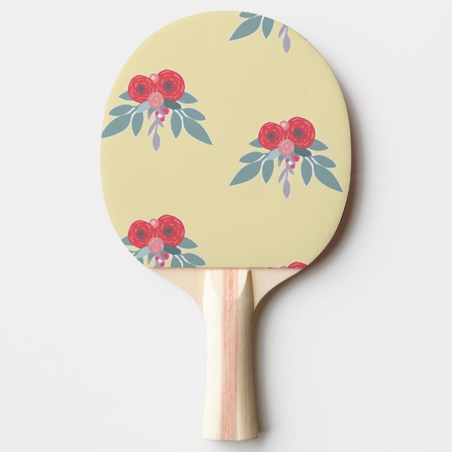 Raquete De Ping Pong Flores vermelhas e folhas verdes em castanho (Frente)