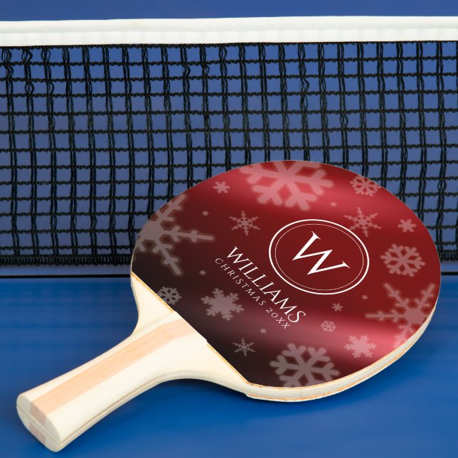 Raquete De Ping Pong Folha Vermelha Festiva Snowflakes Monograma (Insitu)