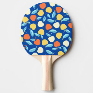 Raquete De Ping Pong Folhas de maçãs, fundo azul, padrão sem costura.