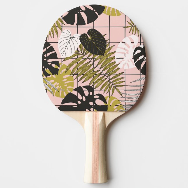 Raquete De Ping Pong Folhas tropicais, flores, padrão pintado à mão. (Frente)