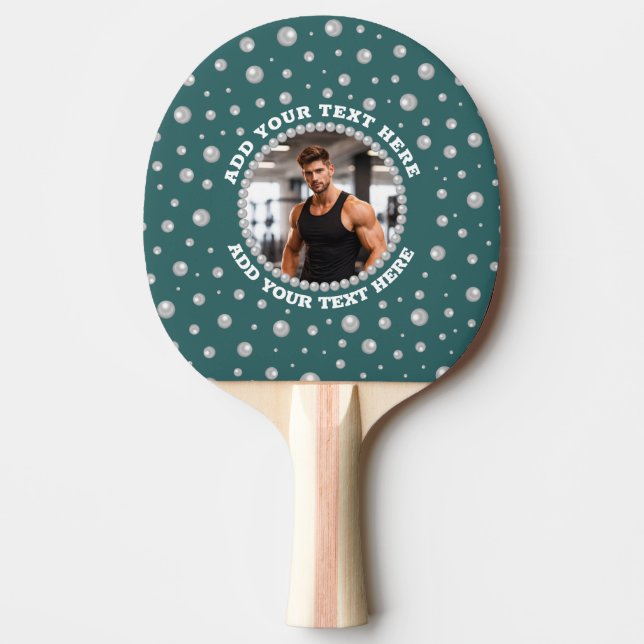 Raquete De Ping Pong Foto Personalizada com Círculo de Pérolas em Azul  (Frente)