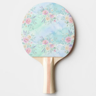 Raquete De Ping Pong fundo floral em pastel aguarela azul verde arco-ír