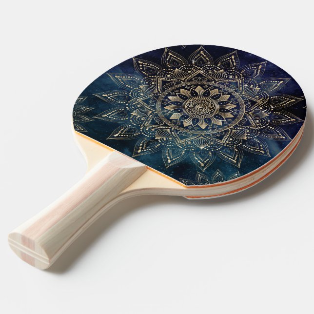 Raquete De Ping Pong Galáxia Azul Elegante Dourada Mandala (Frente inclinada)