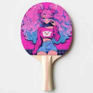 Raquete De Ping Pong Garota Harajuku Neon Kawaii com Twin Ponytails
