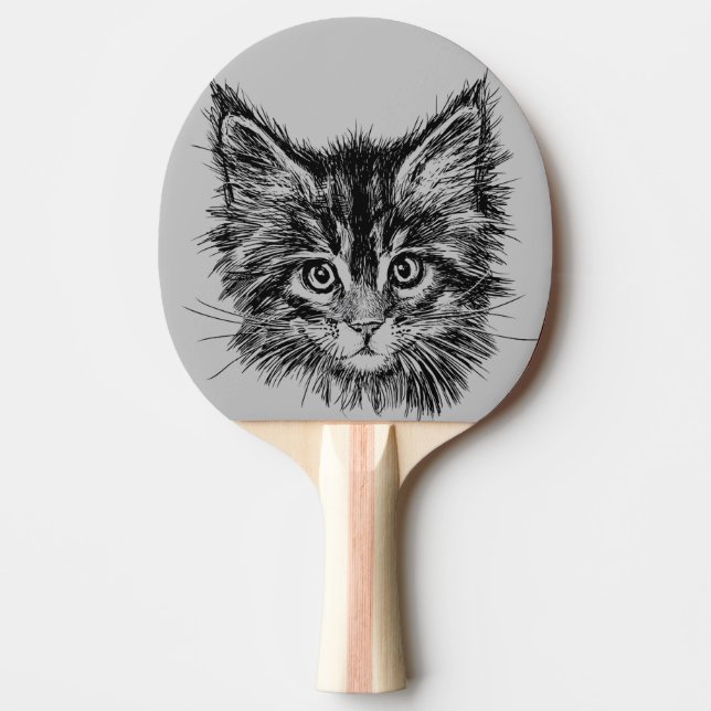 Raquete De Ping Pong Gatinho preto e branco rosto de Cinza (Frente)