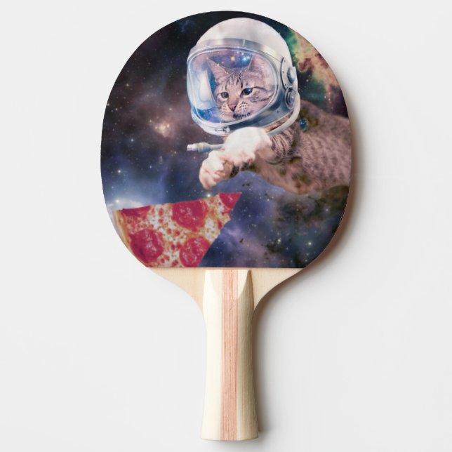 Raquete De Ping Pong Gato astronauta caçando uma fatia de pizza (Frente)