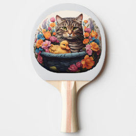 Raquete De Ping Pong Gato E Pato Engraçados Em Uma Cesta Com Flores