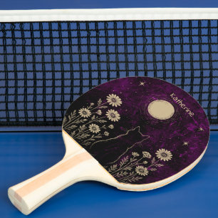 Raquete De Ping Pong Gato Floral Celestial Personalizado Roxo